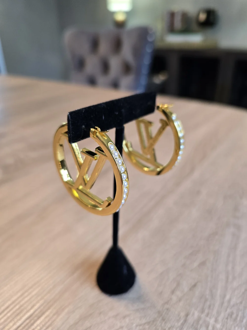 Gold Large Logo Hoop Earrings with Pearl Accent - Designer Style - Picture 1 of 10